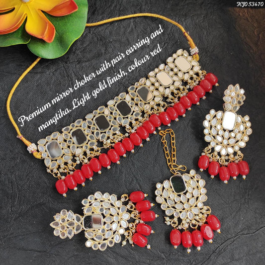 Premium Red Mirror Choker Necklace Set with Earrings & Maangtikka | Light Gold Finish Bridal Jewelry