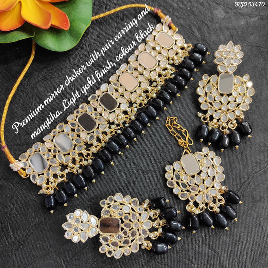 Premium Mirror Work Choker Set with Earrings & Maang Tikka – Black Beads, Light Gold Polish, Traditional Indian Bridal Jewelry