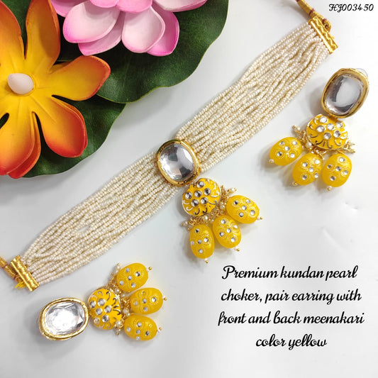 Premium Yellow Meenakari Kundan Choker Set with Pearls & Earrings – Traditional Indian Jewelry for Festive & Wedding Wear