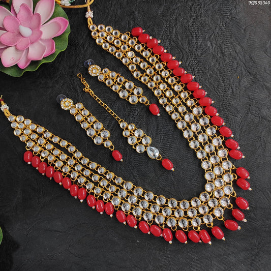 Traditional Red Beads Kundan Choker Necklace Set with Earrings & Maangtikka – Bridal & Festive Jewelry